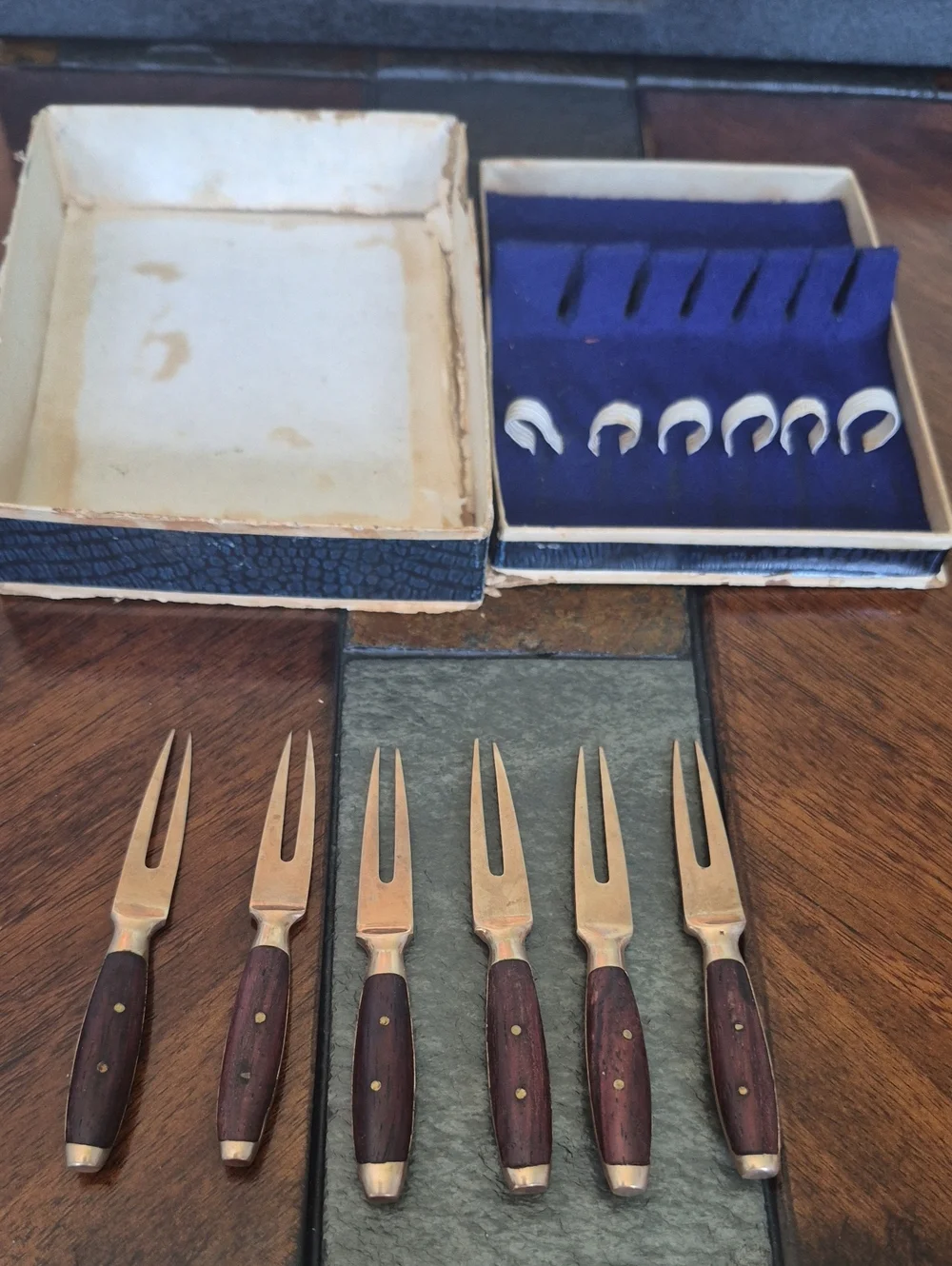 Set of 6 Cocktail/Appetizer Forks in Wood & Brass 50s & 60s